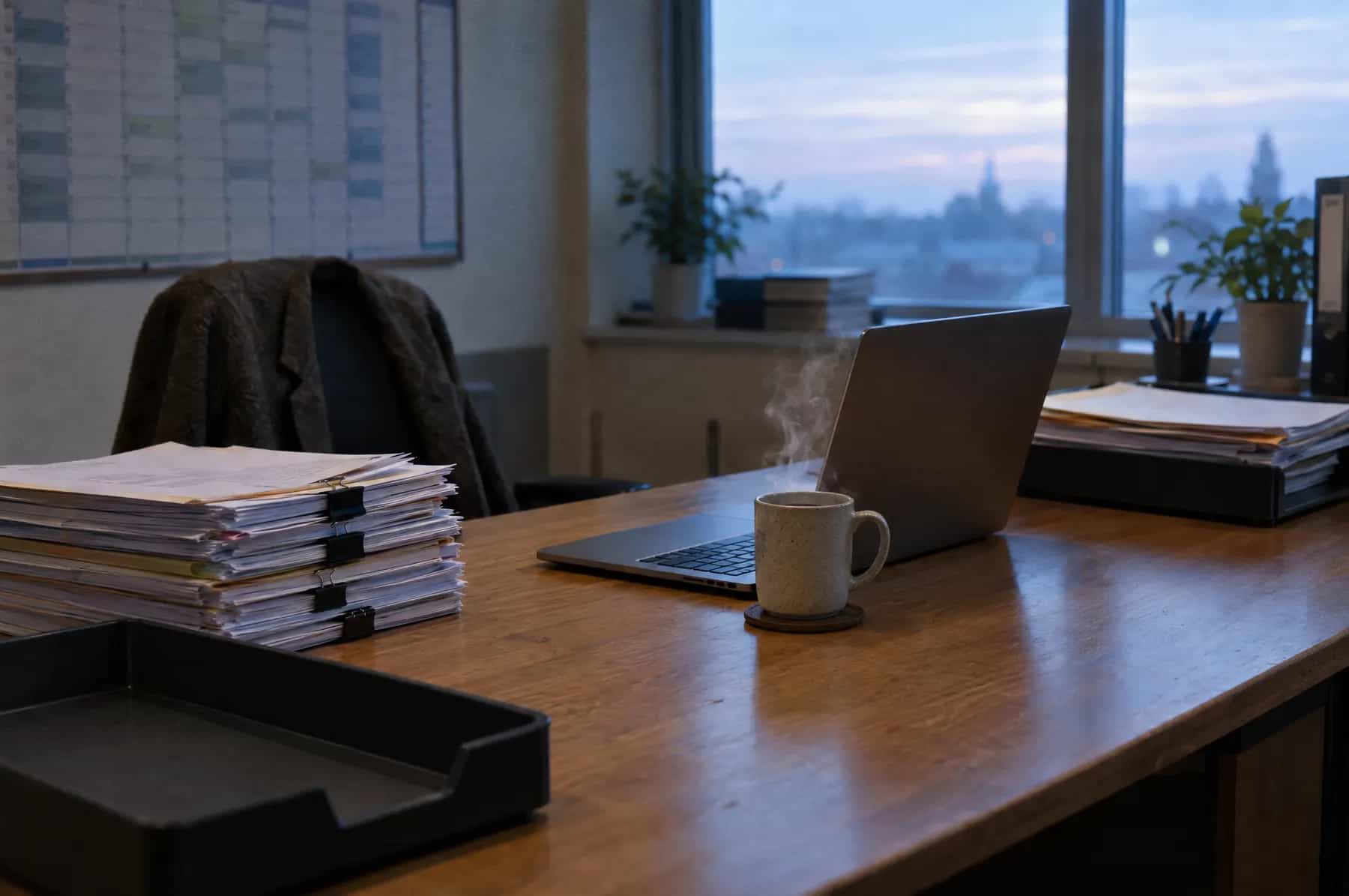 An empty office desk at dawn with a laptop, a steaming mug and a stack of finished files, the work already done