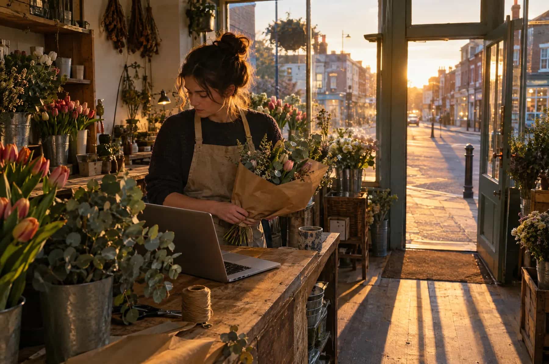A florist checking her laptop while wrapping a bouquet at closing time