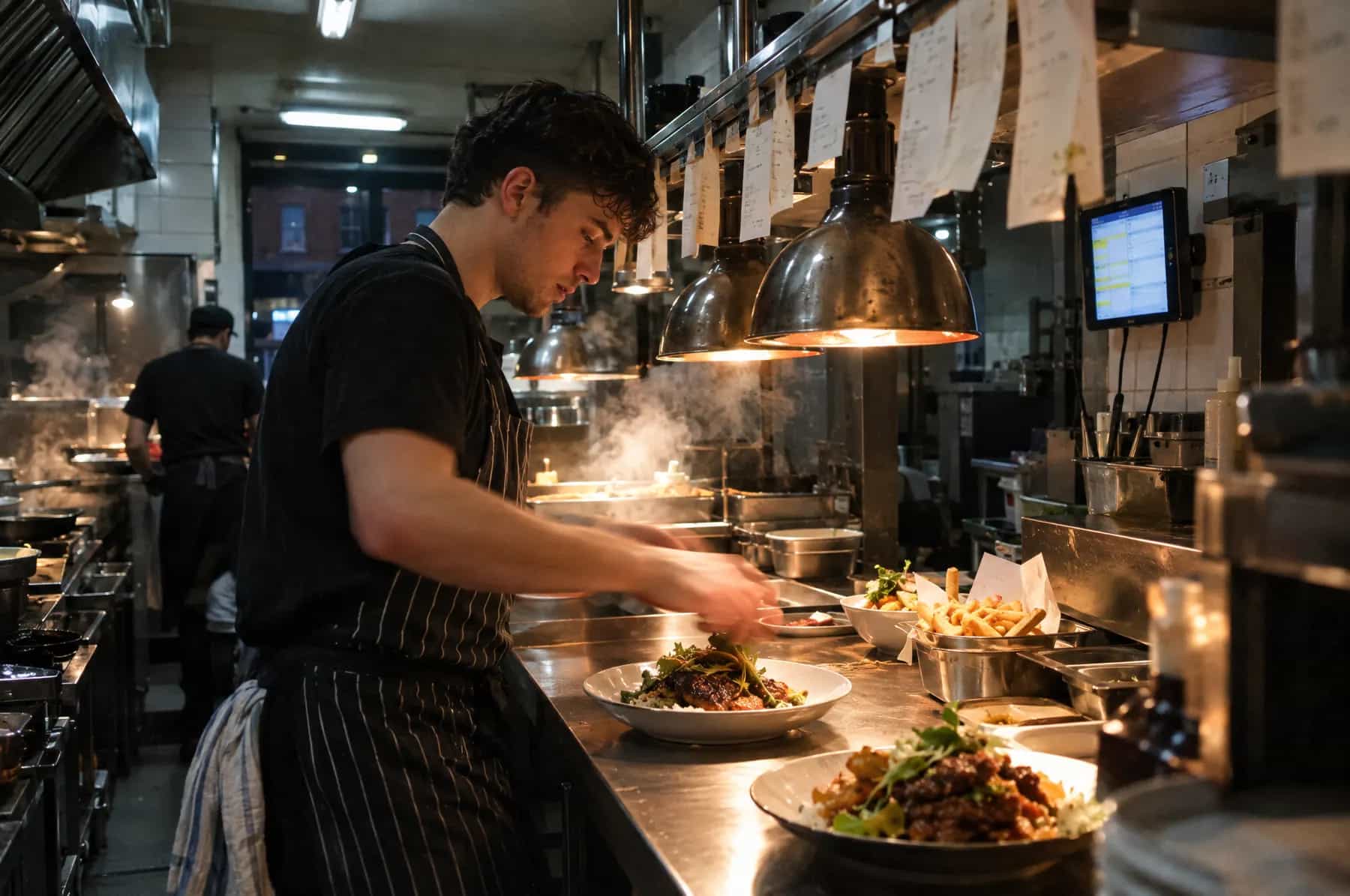 A cook plating food under heat lamps while orders arrive on a tablet
