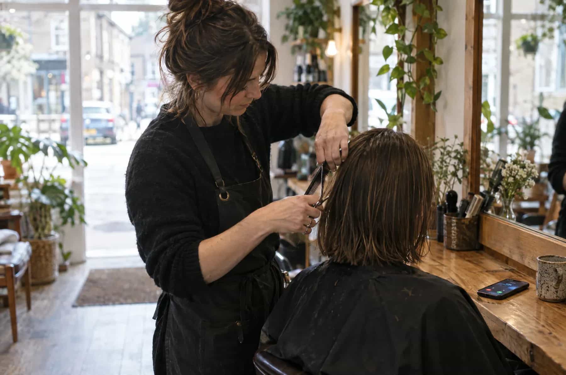 A stylist mid-cut while her phone lights up with a call she can’t take