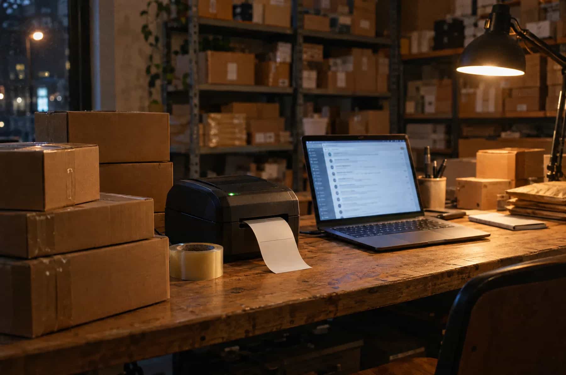 An empty packing room at night with stacked parcels, a label printer and a laptop showing a list of customer messages