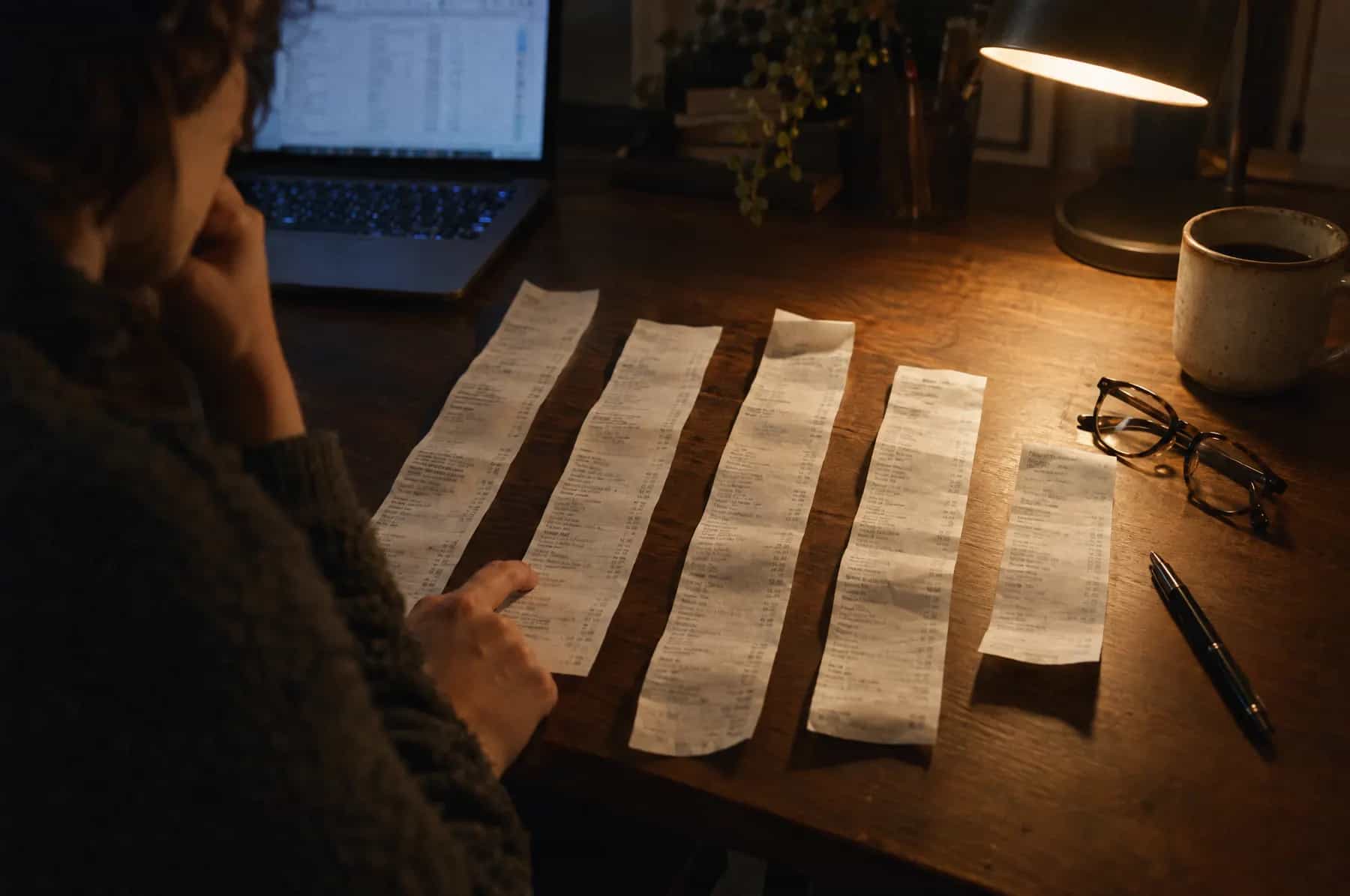 A person at a desk at night comparing five long paper receipts laid side by side under a lamp