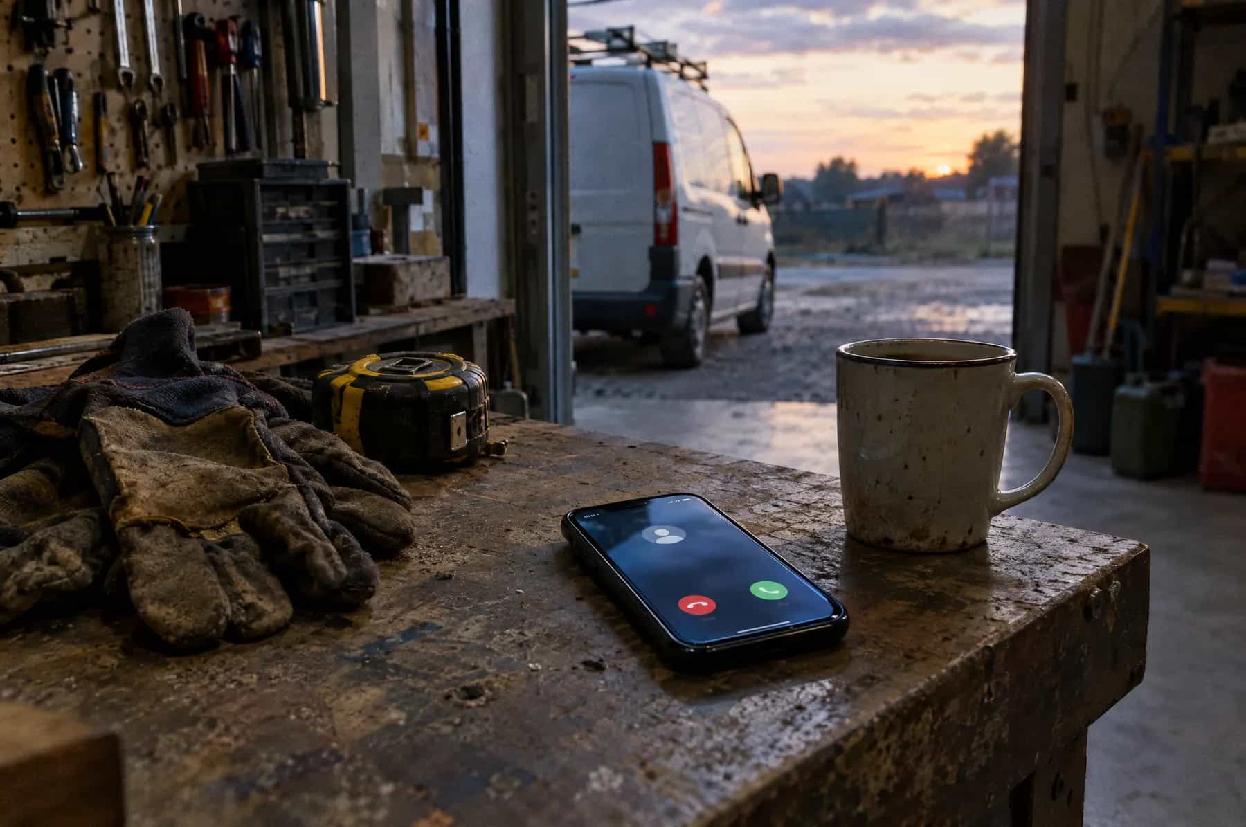 A smartphone showing an incoming call on an empty workshop counter, with a van parked outside