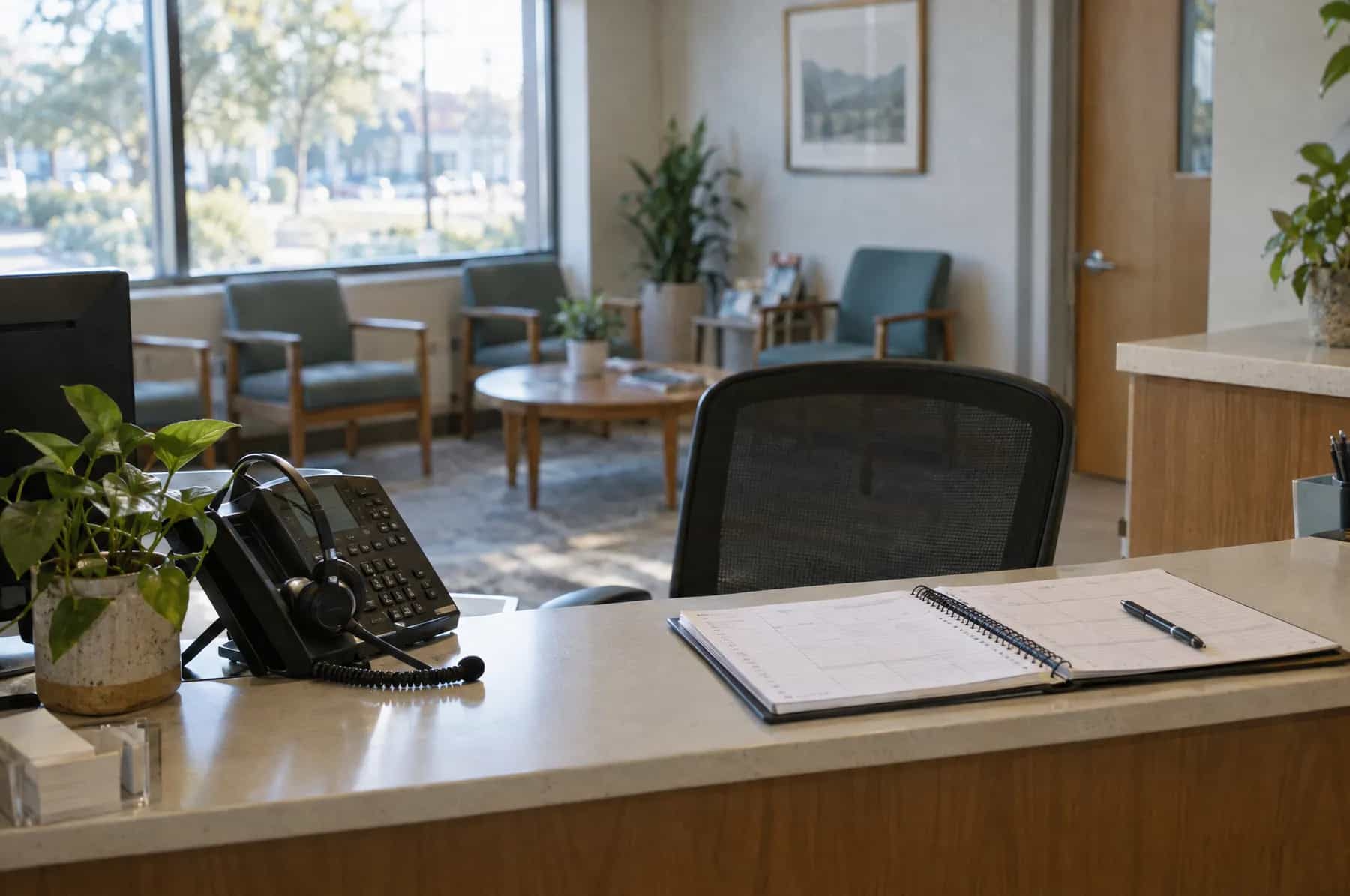 An empty clinic reception desk with a desk phone, headset and appointment book