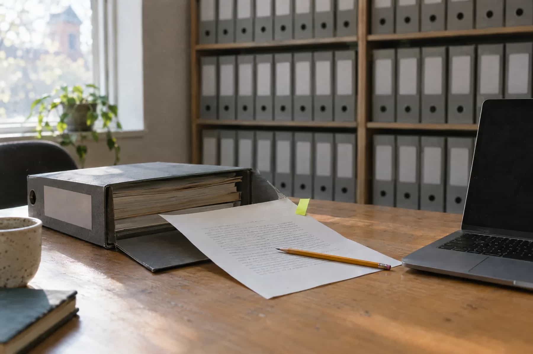 An open box file on an office desk with one page pulled out and marked with a sticky tab, in front of shelves of identical box files