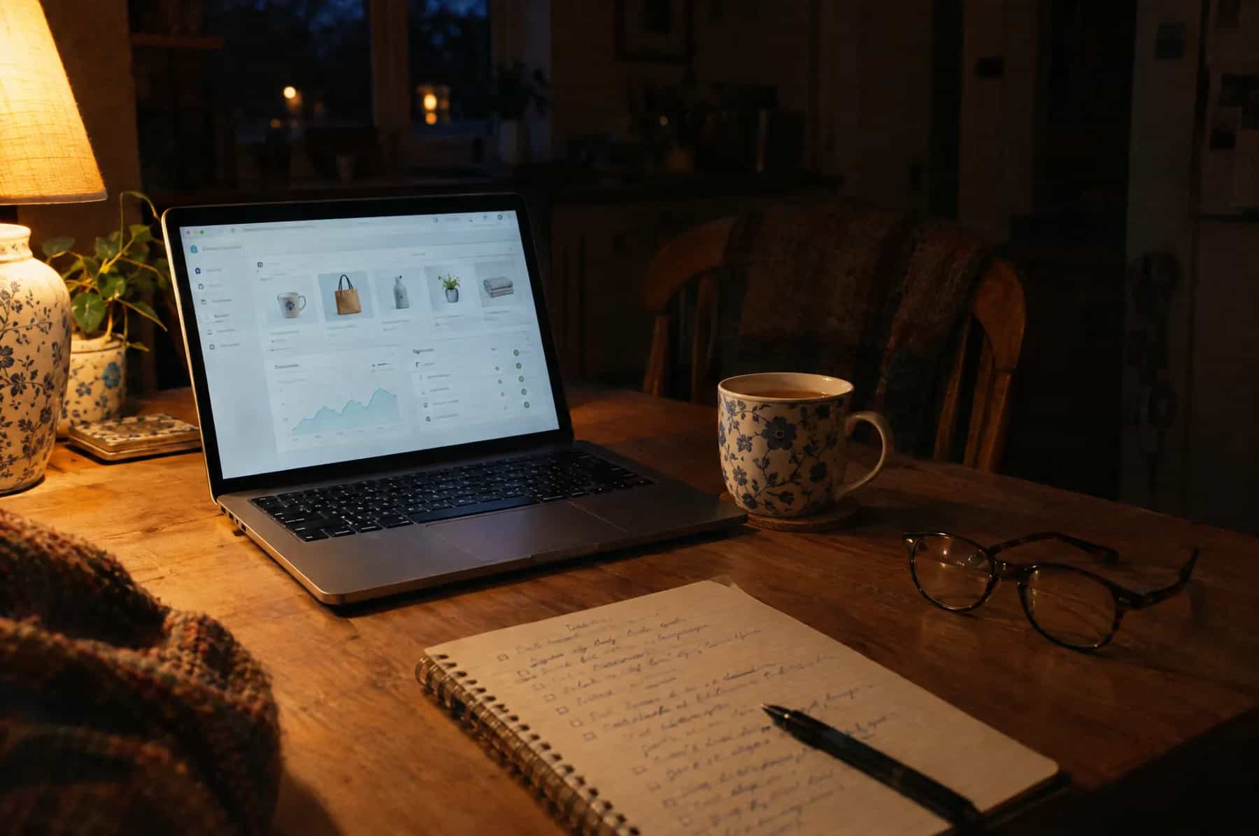 A laptop, a cup of tea and a handwritten to-do list on a kitchen table late at night