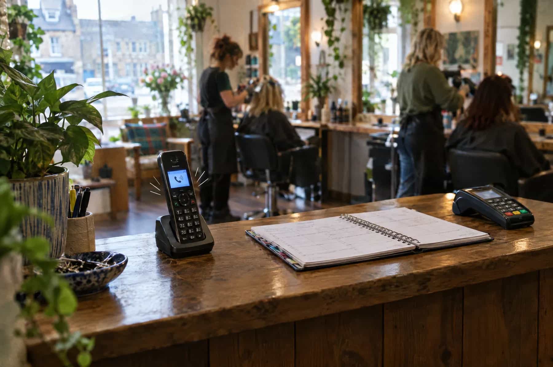 A cordless phone ringing on a salon reception desk while stylists work in the background