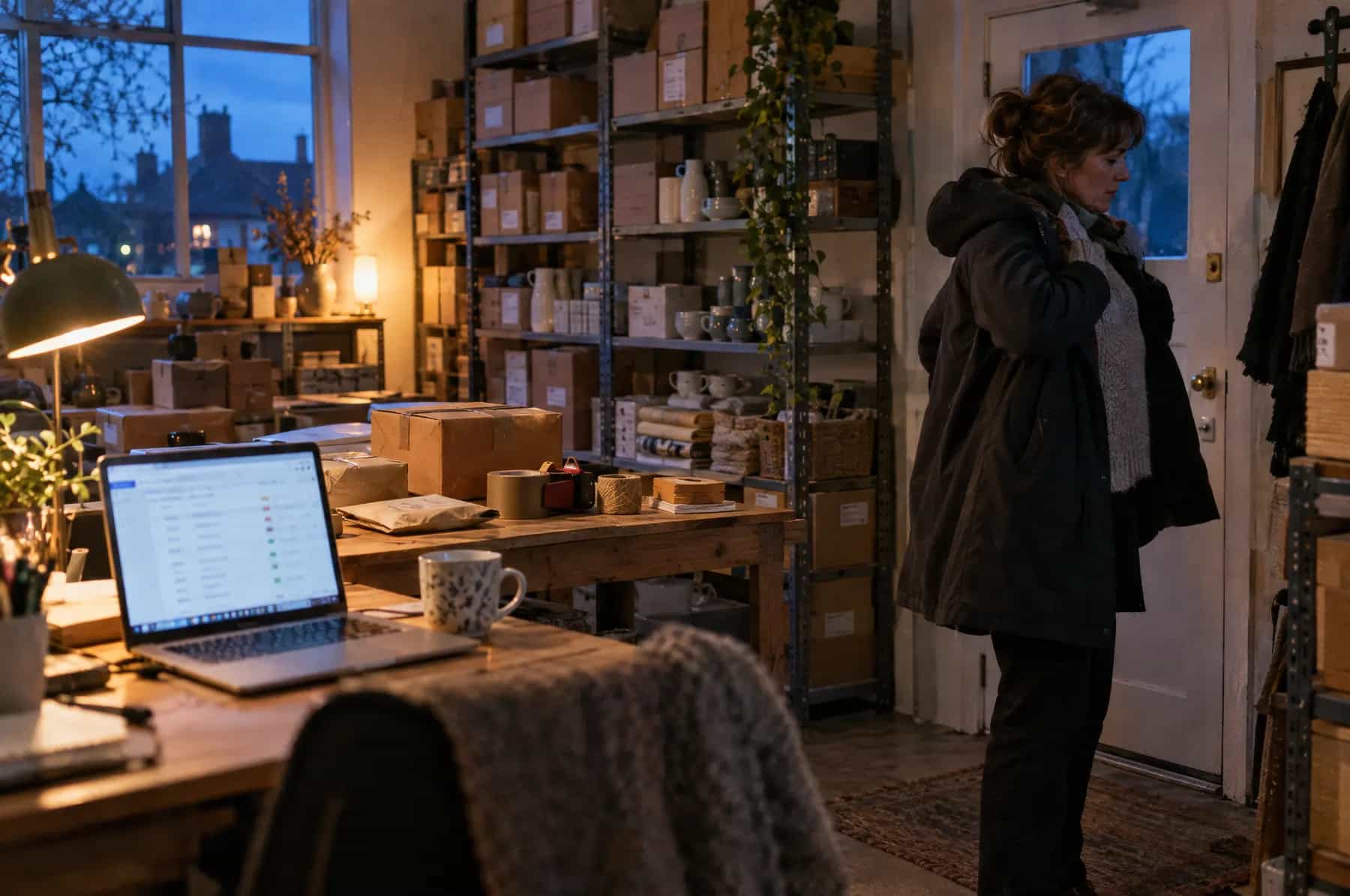 A shop owner leaving for the night while a laptop keeps working on the desk