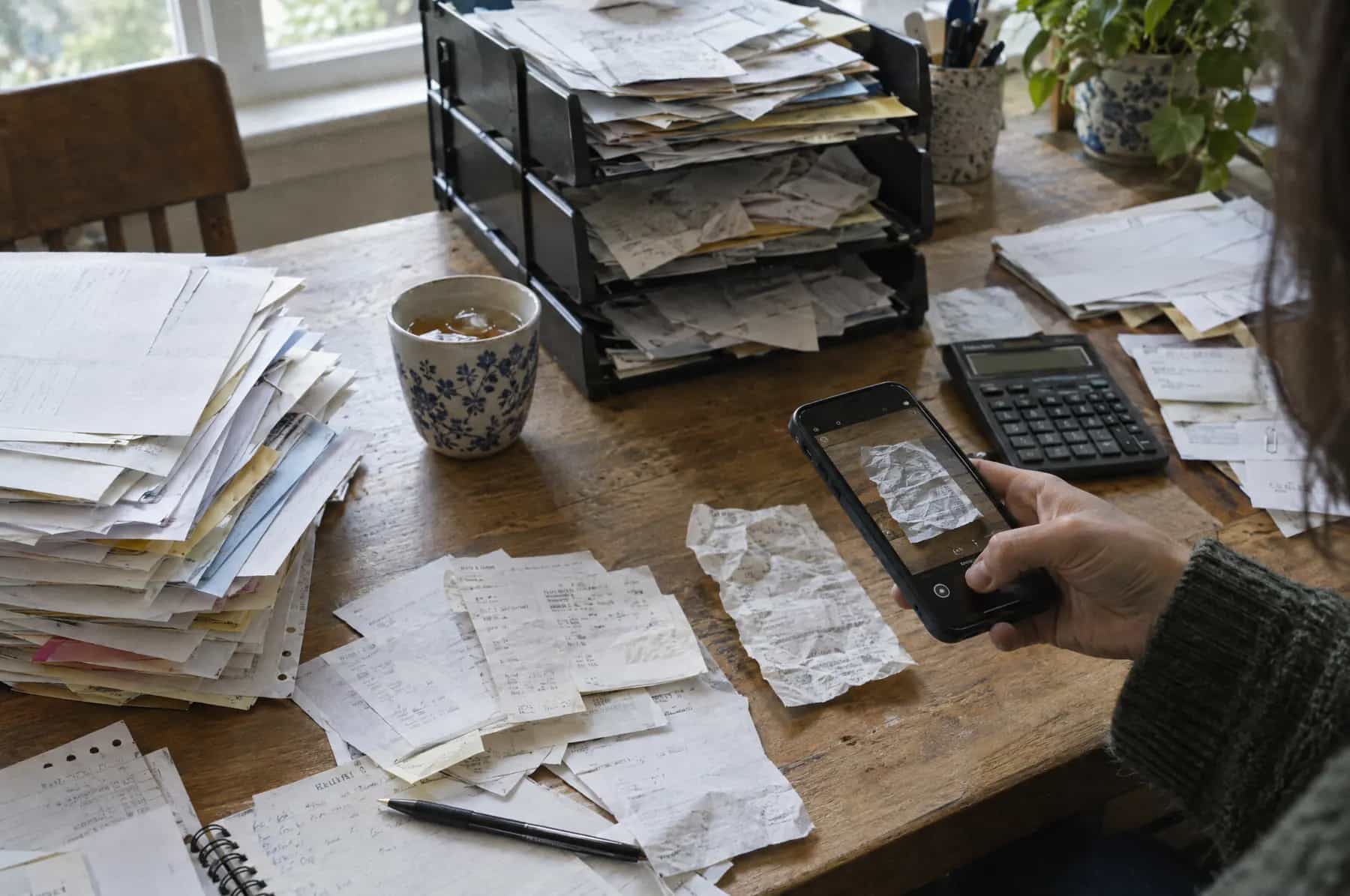 A bookkeeper photographing a receipt on a desk piled with invoices