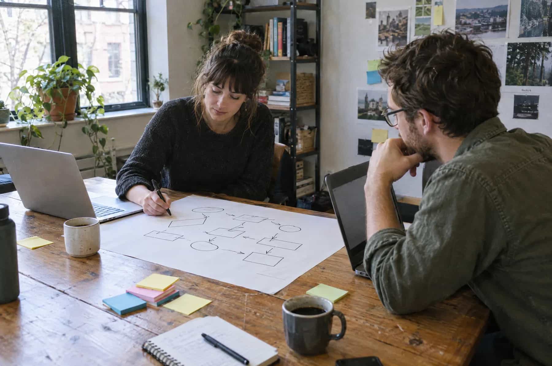 Two people sketching a process diagram on paper beside open laptops