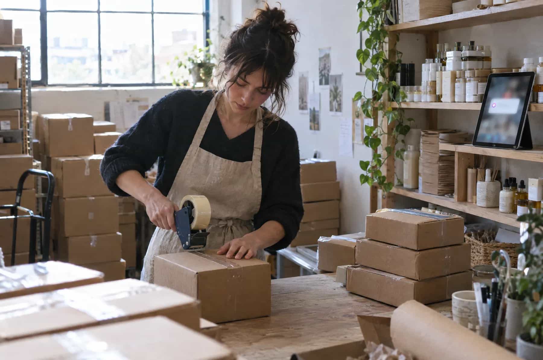 A small brand owner packing parcels while a new customer message lights up a tablet